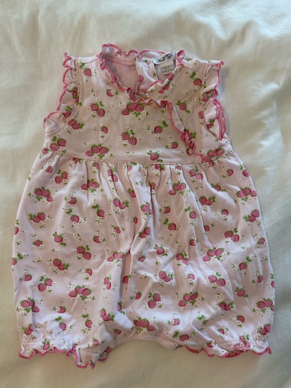 Kissy Kissy Strawberry Romper- Size 6-9 Months